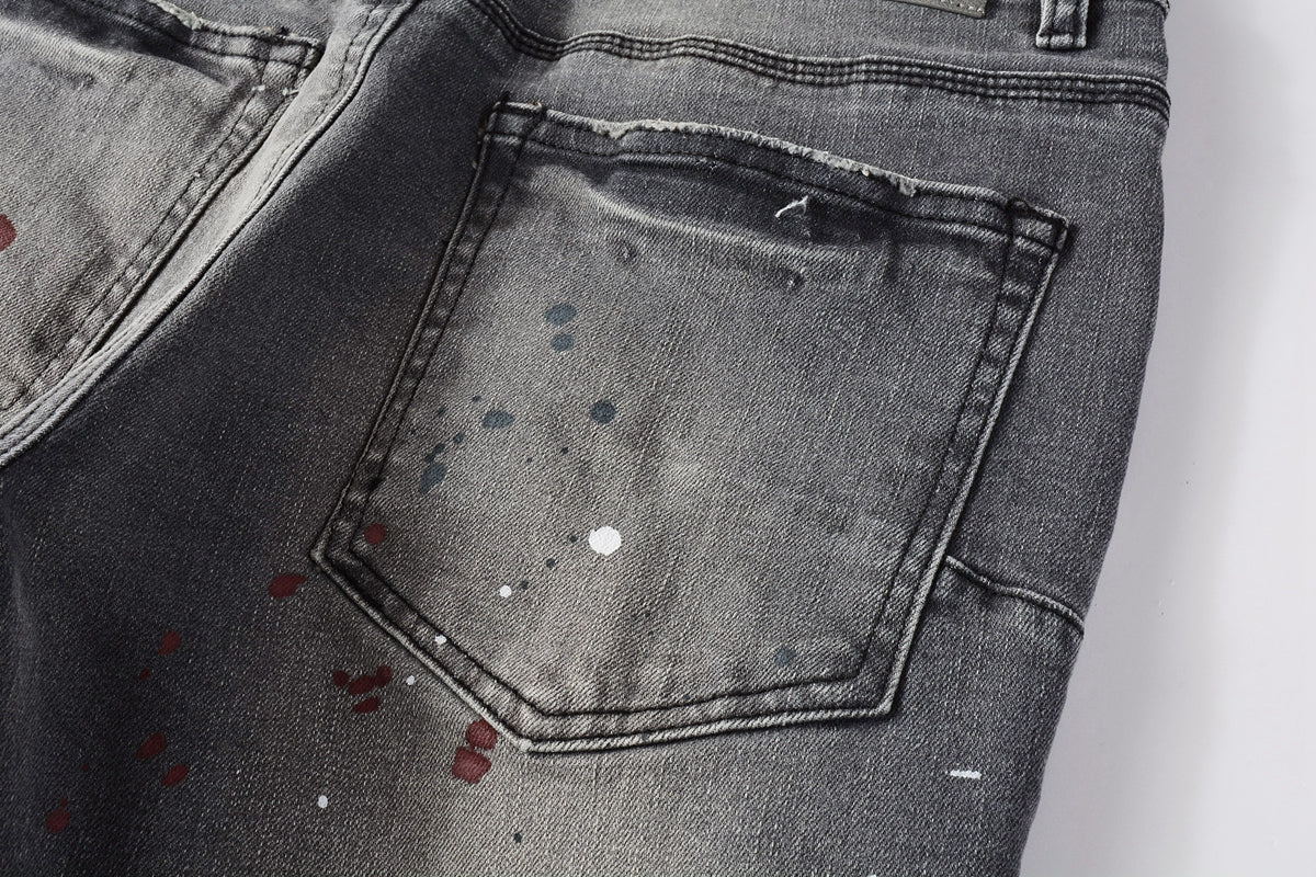 Men Streetwear Distressed Grey Skinny Jeanswith Color Paint Splatter and Knee Rips 9107