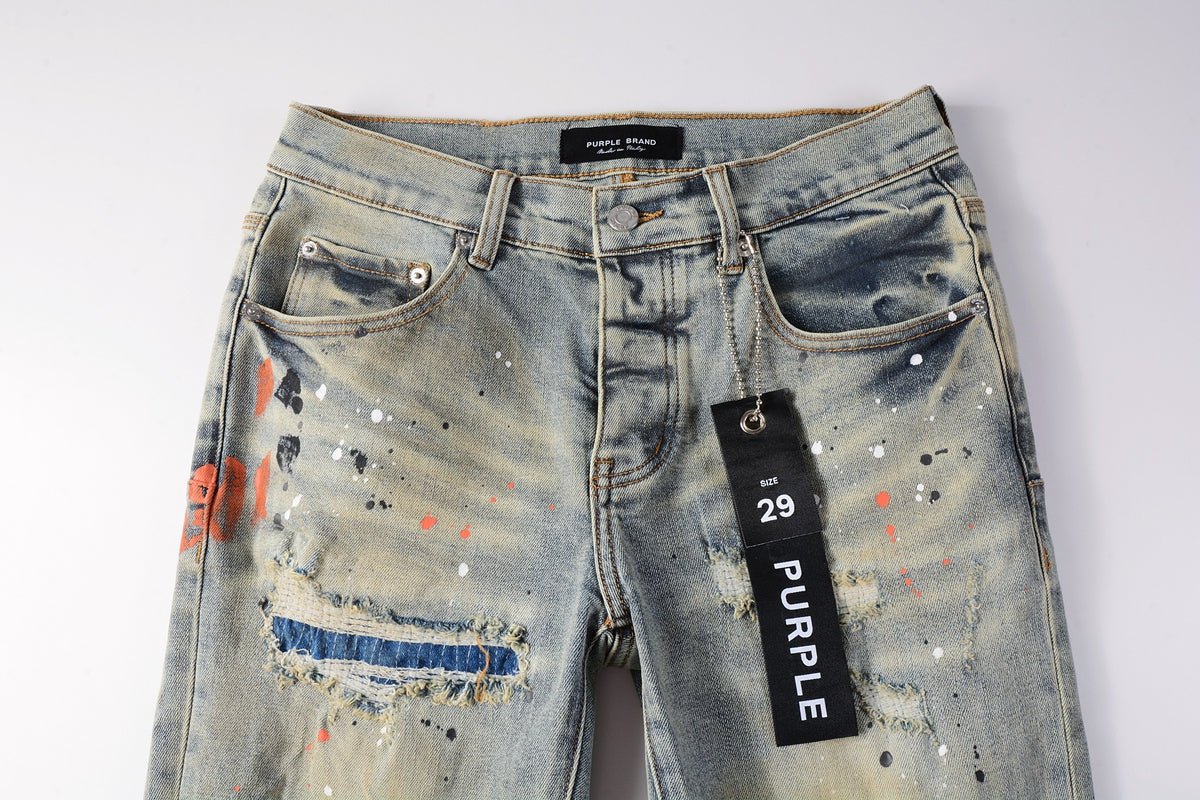 Men Streetwear Skinny Jeans Light Gray Wash with Multi-Color Paint Splatter and Distressed Patches 9071
