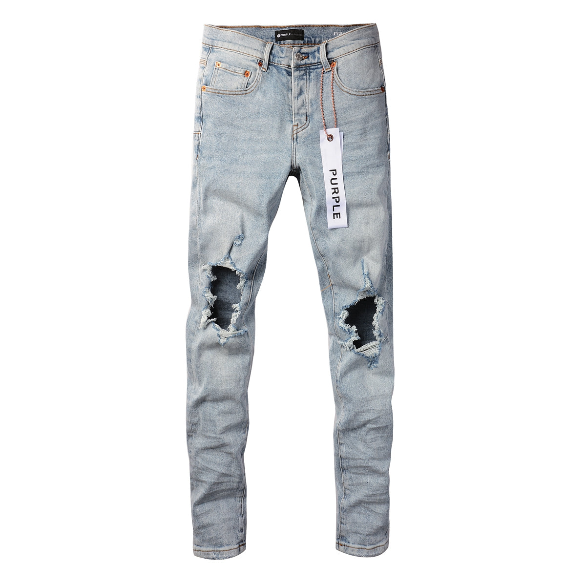 Men Streetwear Skinny Jeans Light Blue Wash with Knee Ripped Details and Black Lining 9010