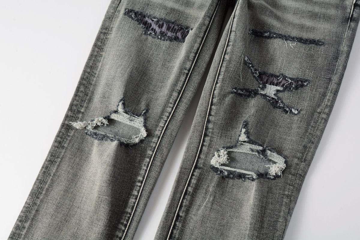 Men Classic Streetwear Jeans Distressed Black Grey Ripped skinny 9068