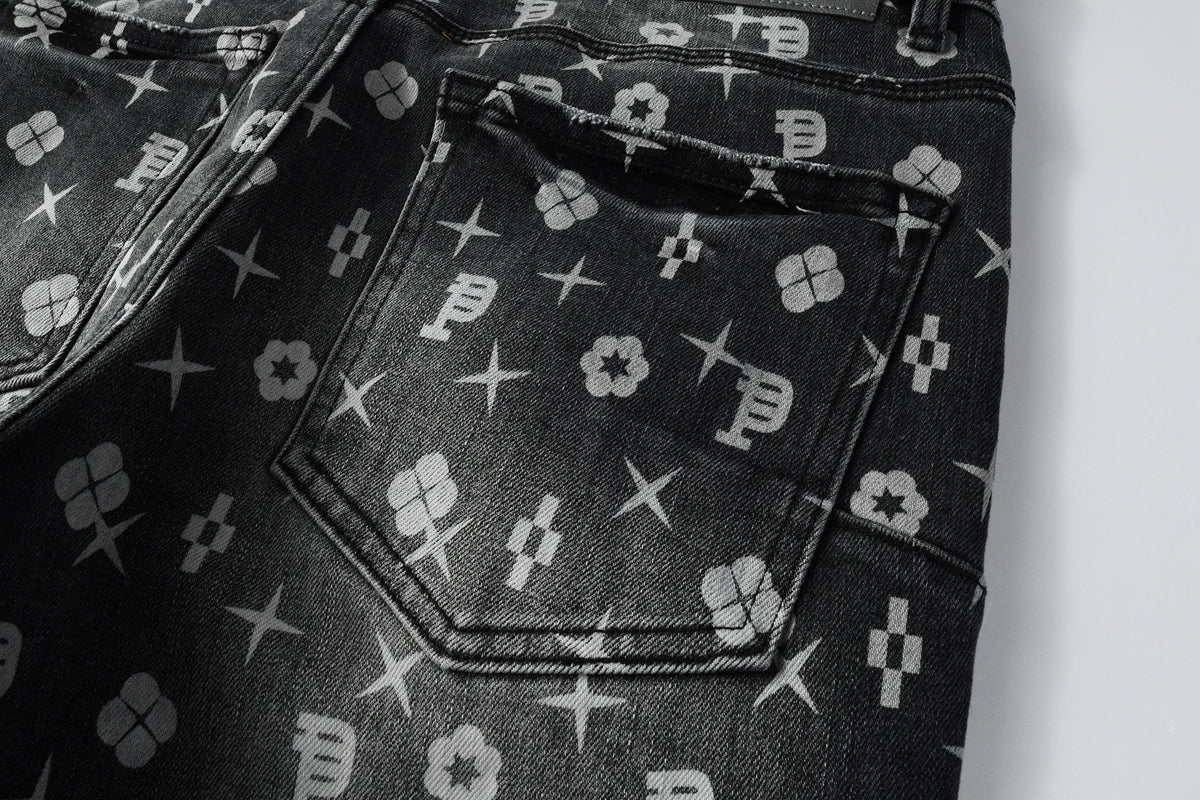 Men Classic Street Skinny Jeans Dark Grey Monogram Print All Over Distressed Style 9112