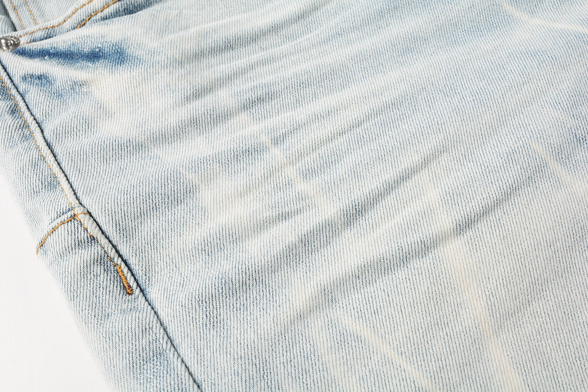Men Streetwear Denim Shorts Light Blue Wash with Washed Distressed Raw Hem 5017