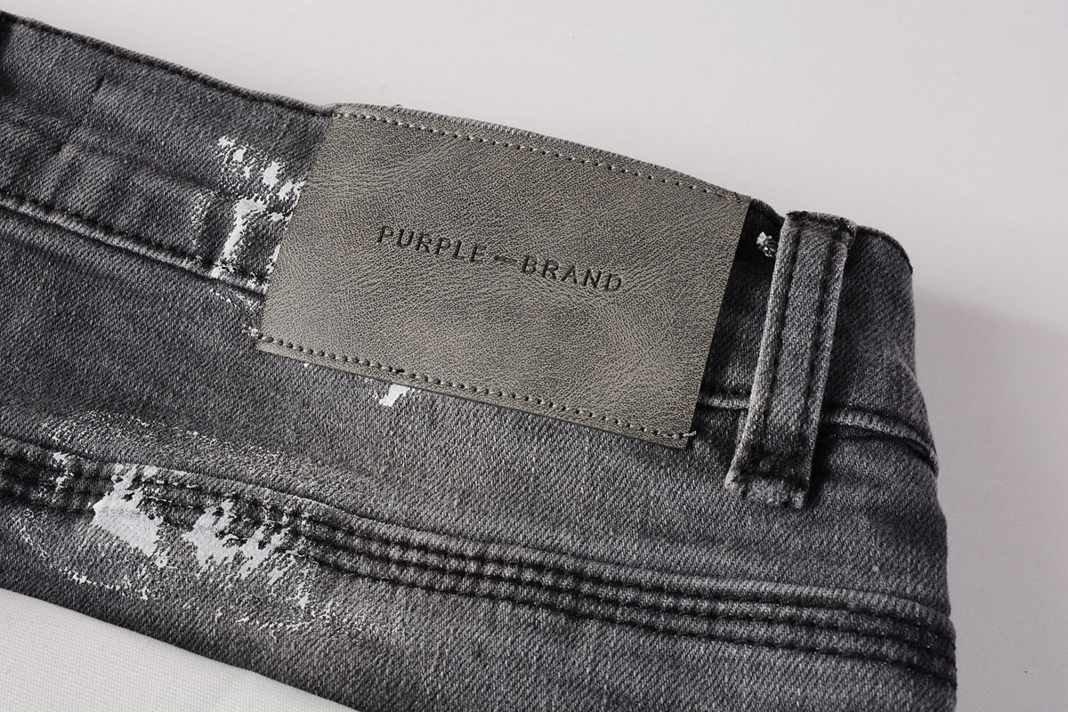 Men Streetwear Skinny Jeans Dark Gray Wash with Knee Rips and White Paint Splatter 9039