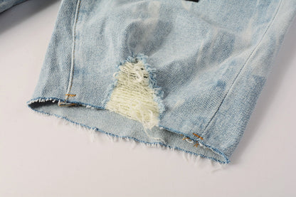Men Streetwear Denim Shorts Light Blue Wash with White Distressed Patches and Raw Hem 5069