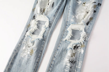 Men Streetwear Jeans Light Blue Paint Splash Distressed Ripped skinny 9100