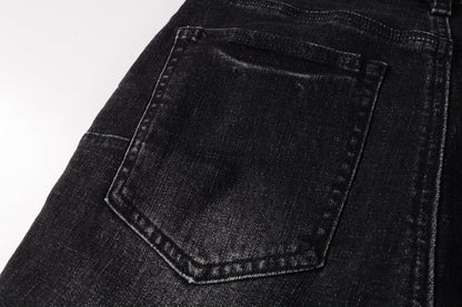 Men Streetwear Denim Shorts Black Wash with Colorful Feather Print and Raw Hem 5085