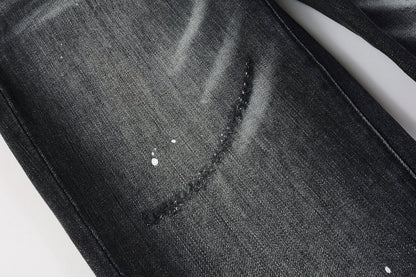 Men Streetwear Skinny Jeans Black - Gray Fade Wash with White Paint Specks 9027