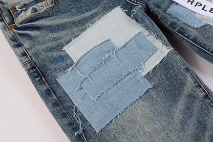 Men Streetwear Skinny Jeans Light Blue Wash with Patchwork Distressed Details 9015