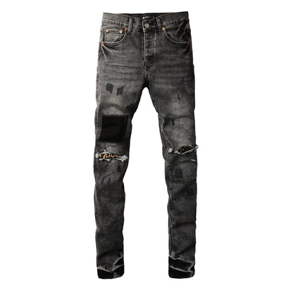 Men Classic Streetwear Jeans Distressed Grey Ripped skinny Fit 9103