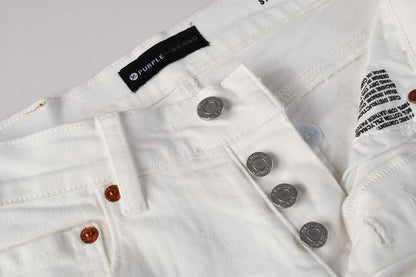 Men Classic Streetwear Skinny Jeans Solid White with Subtle Distressed Details PU9118