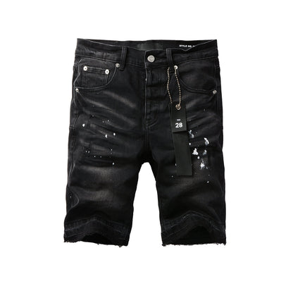 Men Streetwear Denim Shorts Black Wash with White Paint Splashes and Raw Hem 5002