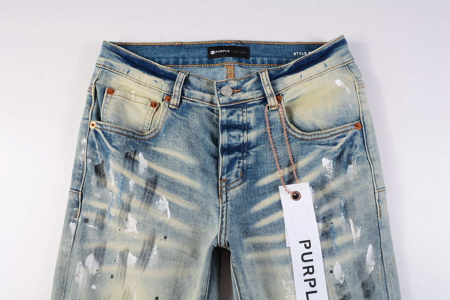 Men Streetwear Skinny Jeans Light Blue Wash with White Paint Splatter and Distressed Rips 9007