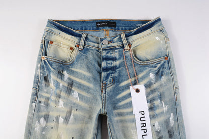 Men Streetwear Skinny Jeans Light Blue Wash with White Paint Splatter and Distressed Rips 9007