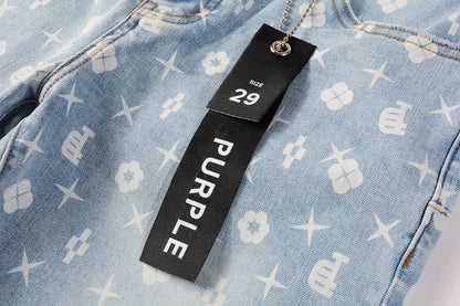 Men Streetwear Denim Shorts Light Blue Wash with White Geometric Print and Raw Hem 5089