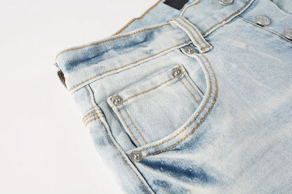 Men Streetwear Denim Shorts Light Blue Wash with Washed Distressed Raw Hem 5017