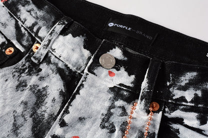 Men Streetwear Skinny Jeans Black and White Graffiti Wash with Multi - Color Paint Accents 9020