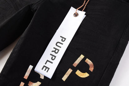Men Streetwear Skinny Jeans Black Wash with All-Over Metallic Gold "P" Print 9008