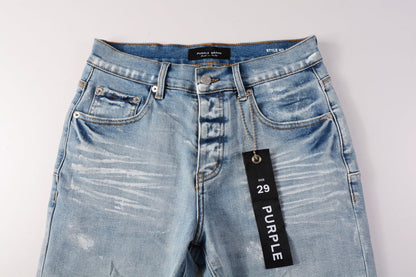 Men Streetwear Light Blue Denim Shorts with Vintage Wash and Raw Hem Finish 5091