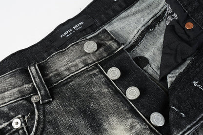 Men Streetwear Denim Shorts Grey Black Wash with Leopard Print Ripped Details and Raw Hem 5068
