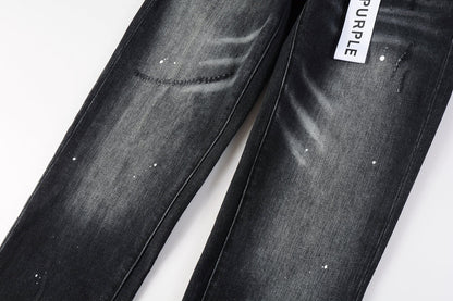 Men Streetwear Skinny Jeans Black - Gray Fade Wash with White Paint Specks 9027