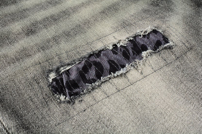Men Streetwear Denim Shorts Grey Black Wash with Leopard Print Ripped Details and Raw Hem 5068