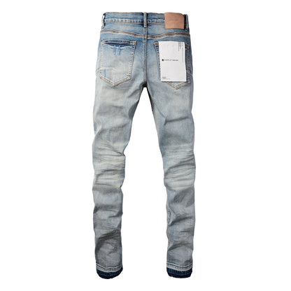 Men Streetwear Skinny Jeans Light Blue Wash with Subtle White Pattern Wash 9013