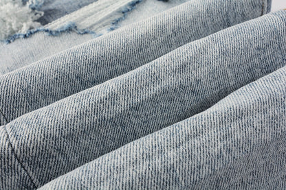 Men Streetwear Skinny Jeans Light Blue Wash with Knee Ripped Details and Black Lining 9010