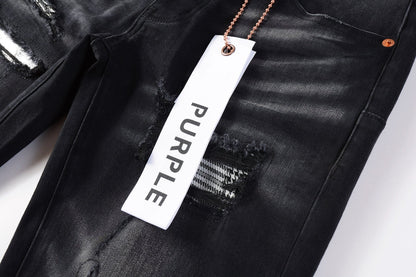 Men Streetwear Skinny Jeans Black Wash with Distressed Rips, Checkered Patches and White Paint Splatter 9001