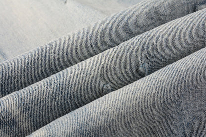 Men Streetwear Skinny Jeans Light Blue Wash with Heavy Distressed Rips 9050