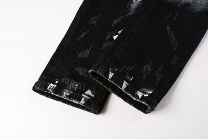 Men Streetwear Skinny Jeans Black and White Graffiti Wash with Multi - Color Paint Accents 9020