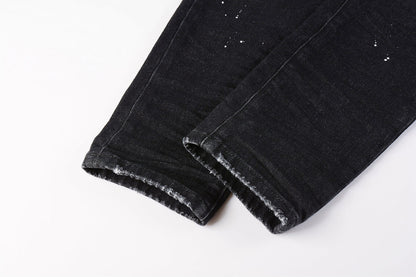 Men Streetwear Skinny Jeans Black Wash with Knee Rips and White Paint Specks 9035