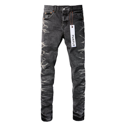 Men Streetwear Skinny Jeans Dark Gray Wash with White Marbled Texture 9056
