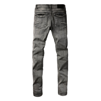 Men Classic Streetwear Jeans Distressed Black Grey Ripped skinny 9068