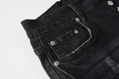 Men Streetwear Denim Shorts Black Wash with Distressed Rips and Raw Hem 5083