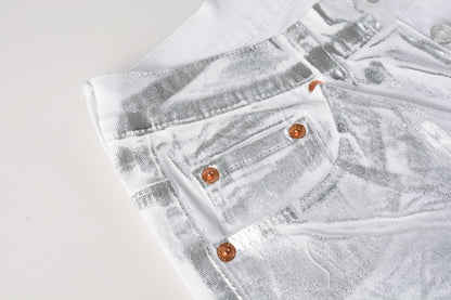 Men Streetwear Jeans Metallic Silver Coated Finish with Futuristic Shine Skinny Fit Statement 9110