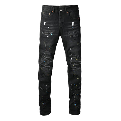 Men Streetwear Skinny Jeans Black Wash with Distressed Details and Multi - Color Paint Splash 9121