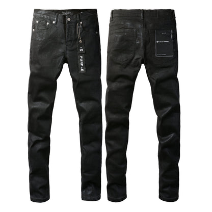 Men Streetwear Skinny Jeans Black Wash with Subtle Sheen and Tag Accent 9082