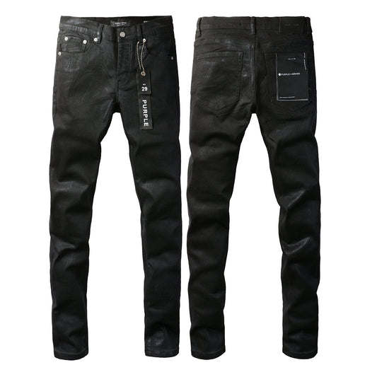 Men Streetwear Skinny Jeans Black Wash with Subtle Sheen and Tag Accent 9082