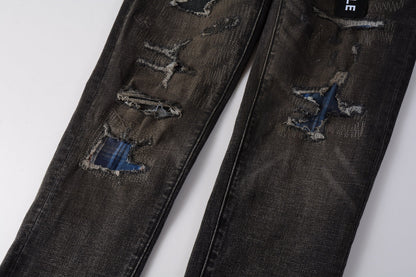 Men Streetwear Skinny Jeans Dark Gray Wash with Multi - Color Patched Distressed Details 9080