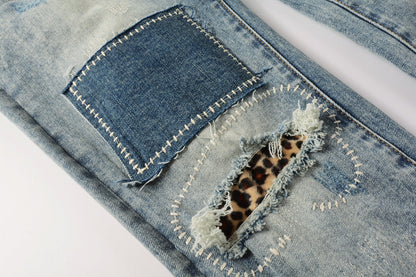 Men Streetwear Jeans Distressed Light Blue Patch Leopard Ripped skinny 9095