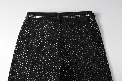 Men Streetwear Black Denim Shorts with Allover Rhinestone Studs and Zipper Details 5095