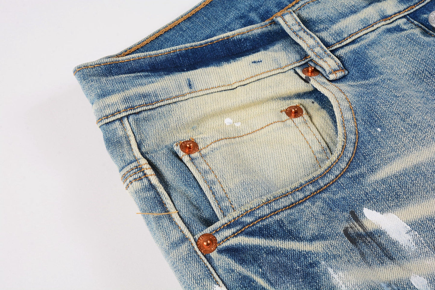 Men Streetwear Skinny Jeans Light Blue Wash with White Paint Splatter and Distressed Rips 9007