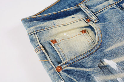 Men Streetwear Skinny Jeans Light Blue Wash with White Paint Splatter and Distressed Rips 9007