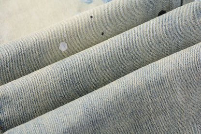 Men Streetwear Skinny Jeans Light Blue Wash with White Paint Splatter and Distressed Rips 9007