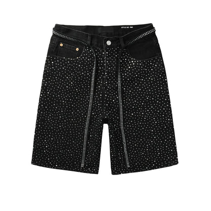 Men Streetwear Black Denim Shorts with Allover Rhinestone Studs and Zipper Details 5095