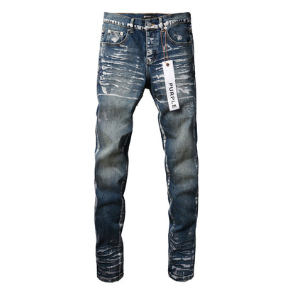 Men Streetwear Skinny Jeans Dark Blue Wash with White Brushstroke Distress 9040