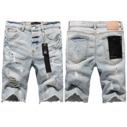 Men Streetwear Denim Shorts Light Blue Wash with White Paint Splatters and Distressed Raw Hem 5006