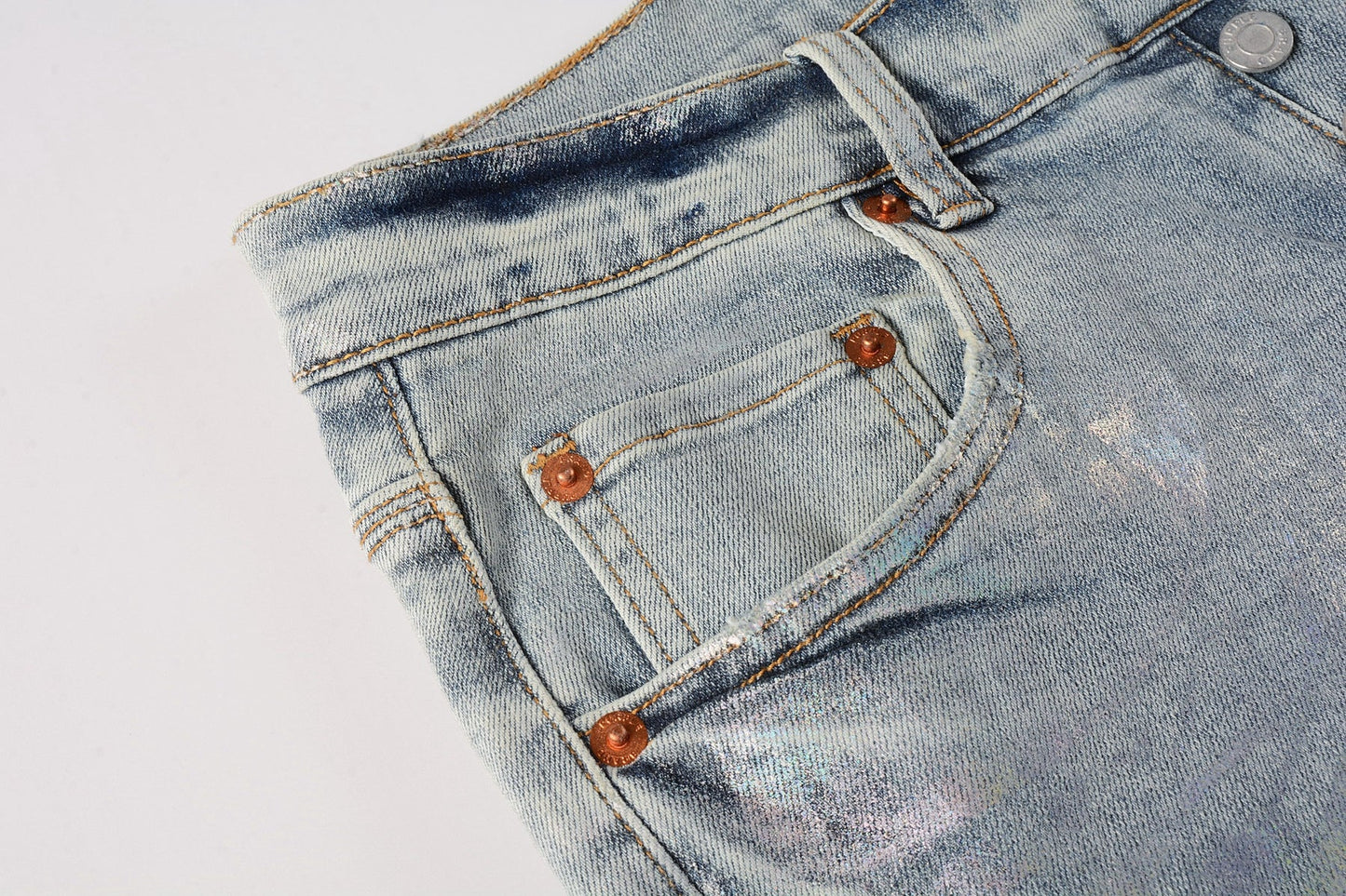 Men Streetwear Skinny Jeans Light Blue Wash with Holographic Iridescent Finish 9005