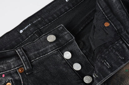 Men’s Black Skinny Jeans with Rust-Toned Wash and Multicolor Paint Splatter Artistic Distressed Street 9109
