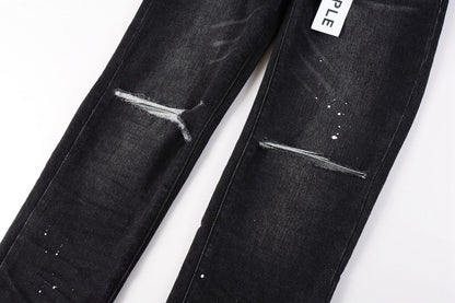 Men Streetwear Skinny Jeans Black Wash with Knee Rips and White Paint Specks 9035